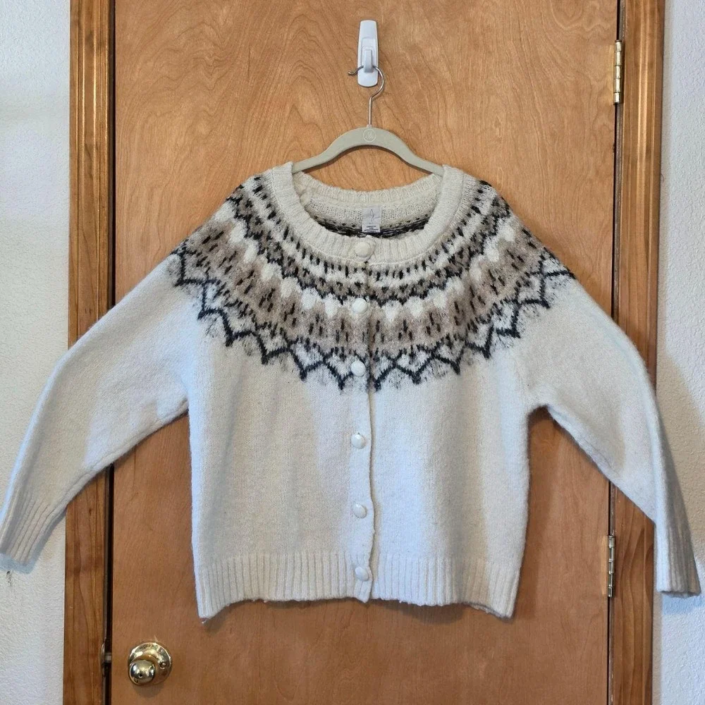 Joie Fair Isle Alpaca Wool Blend Cardigan Cream White XL Nordic Chic Sweater